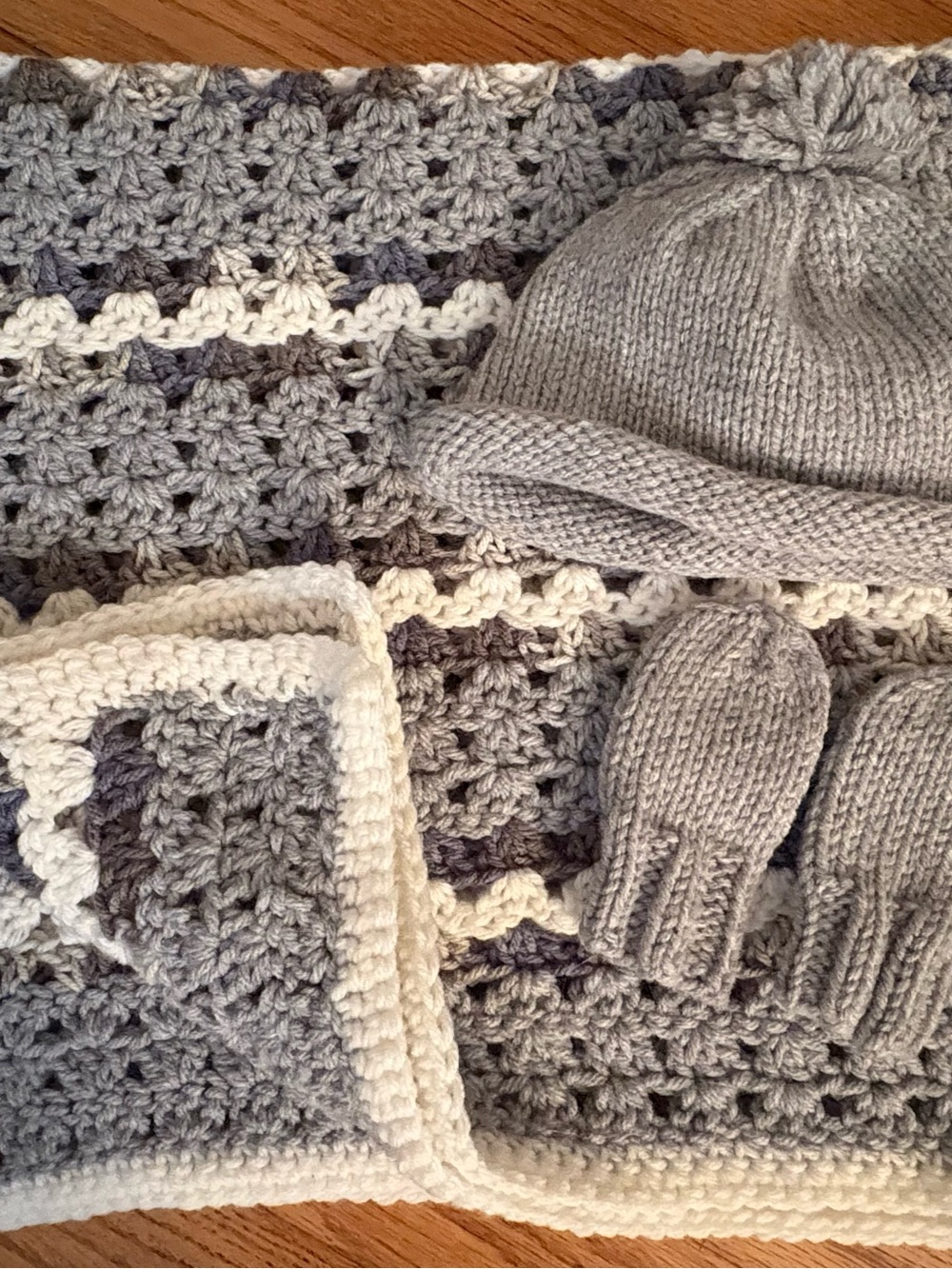 Handmade Grey Baby Hat, Mittens and Blanket Set